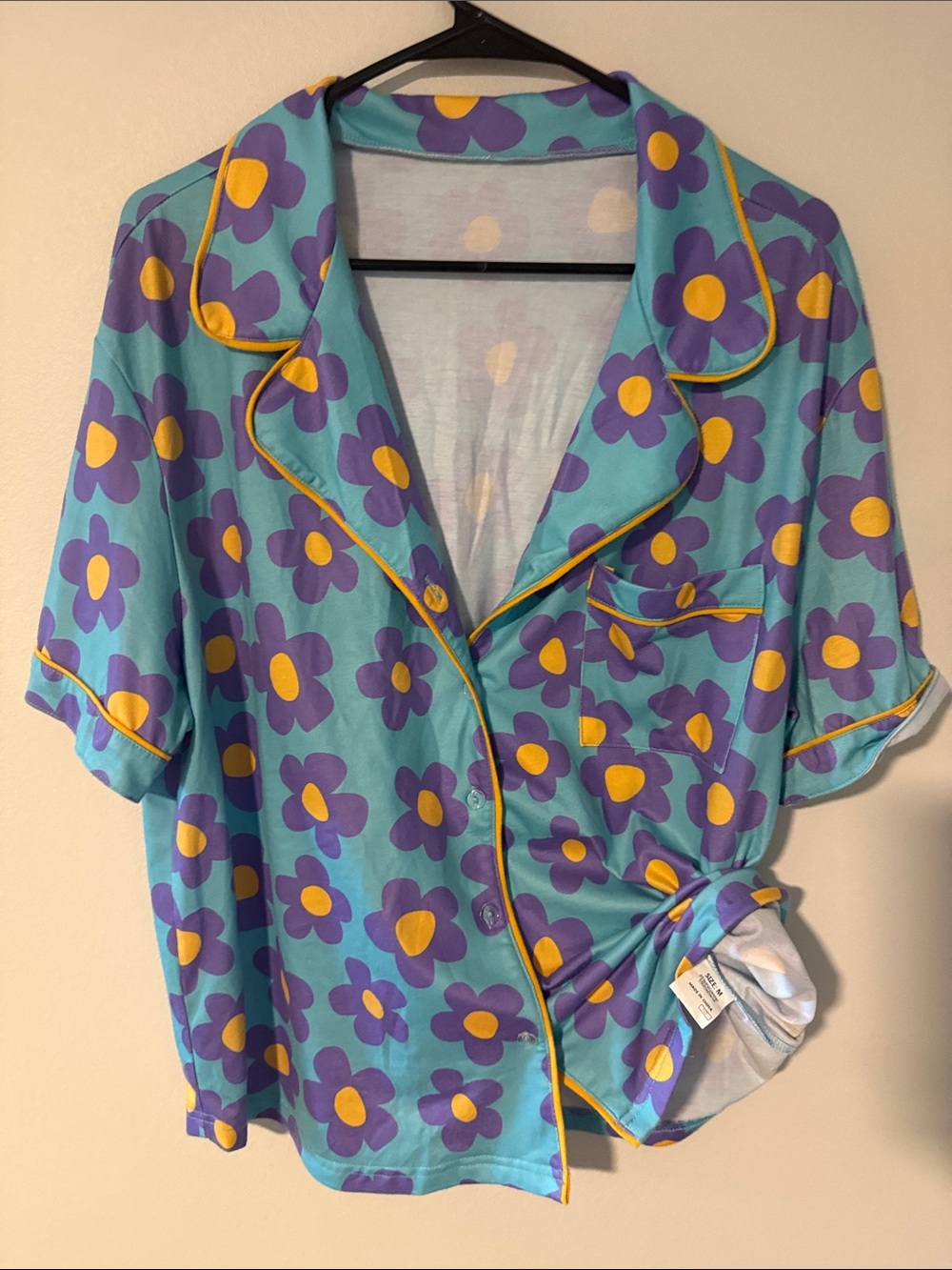 Turquoise Floral Button-Up Pajama Set with Yellow Accents